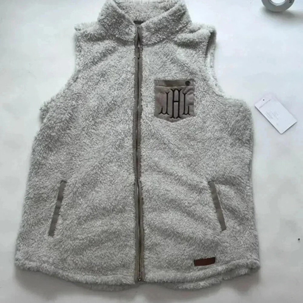 NWT Marleylilly Women's Cream Sherpa Fleece Vest L Monogrammed Casual